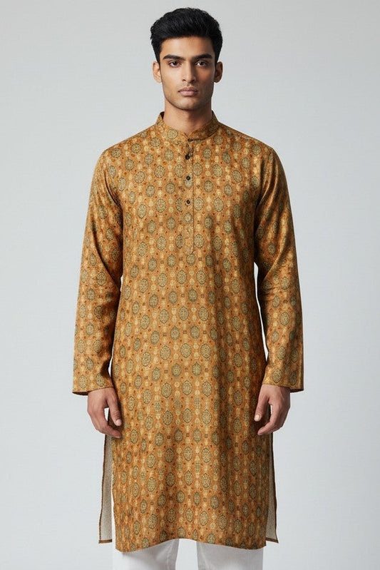 Men's Brown Printed Kurta Pajama Set