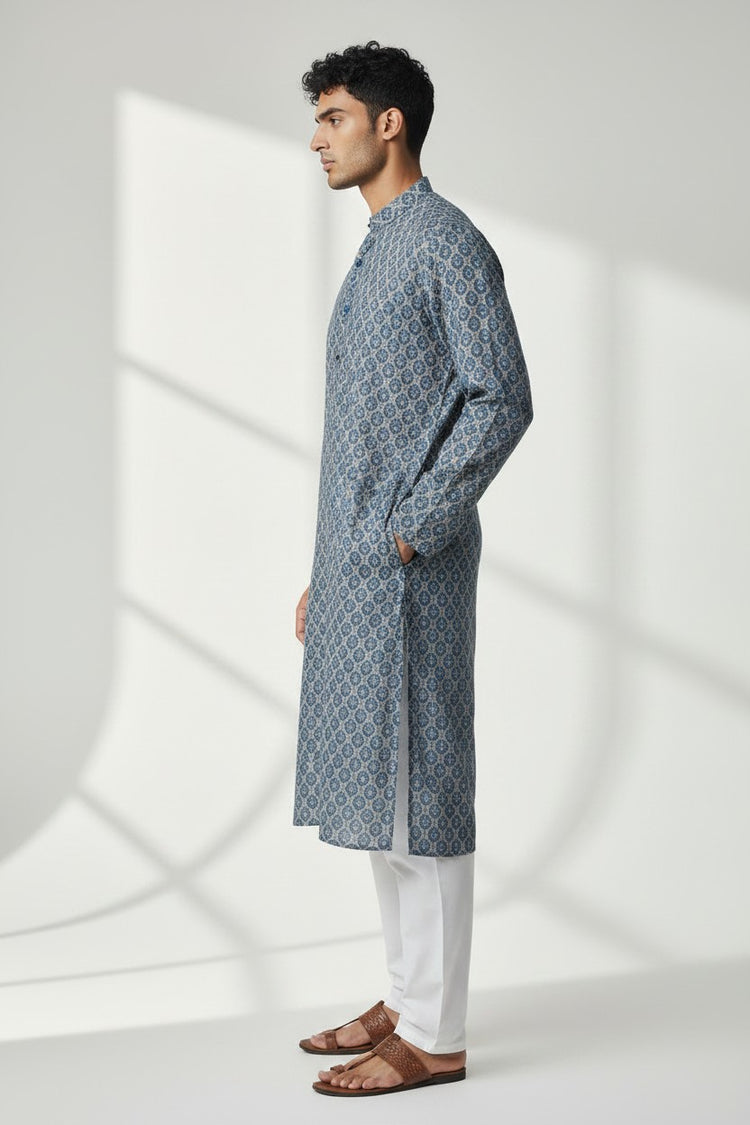 Men's Navy Blue Printed Kurta Pajama Set