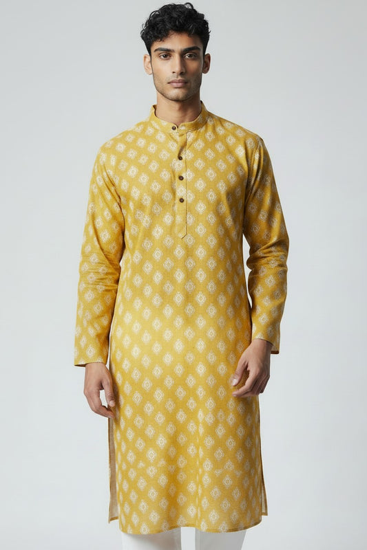 Men's Yellow Printed Kurta Pajama Set