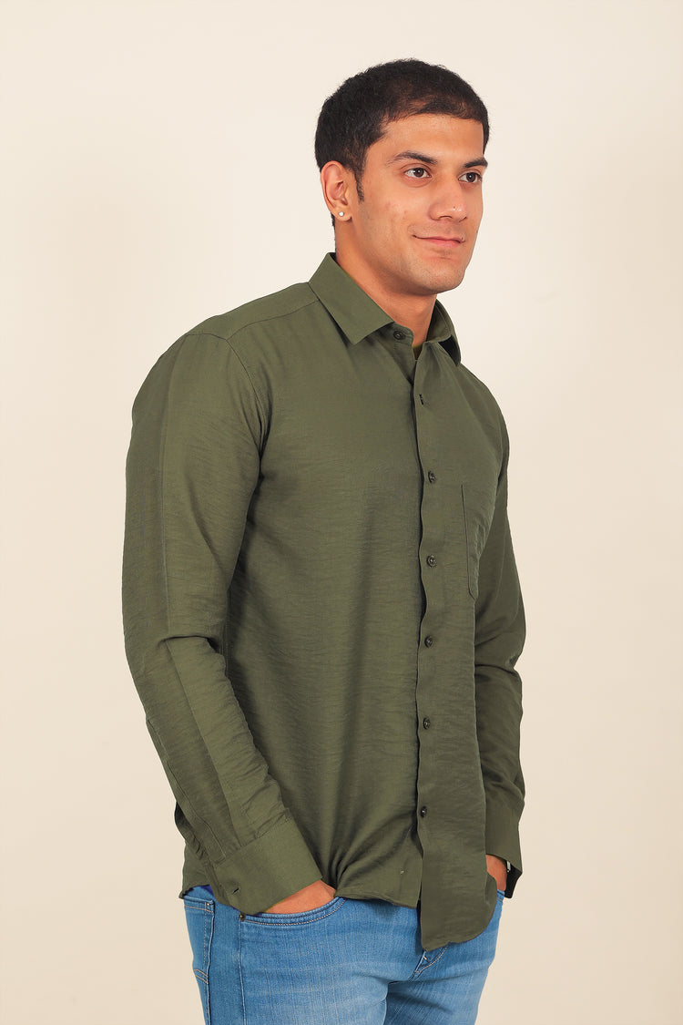 BLUEBIRD MEN'S OLIVE KNITTED PLAIN SHIRT