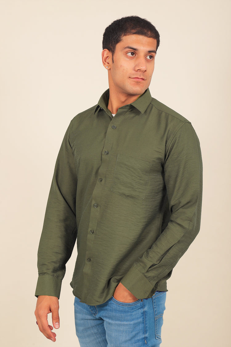 BLUEBIRD MEN'S OLIVE KNITTED PLAIN SHIRT