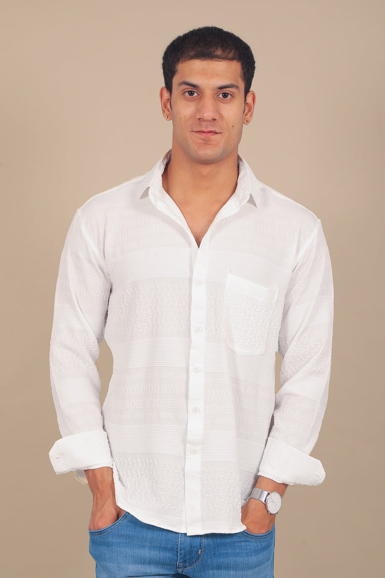 BLUEBIRD MEN'S WHITE KNITTED JACQUARD SHIRT