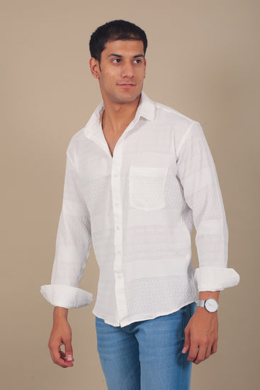 BLUEBIRD MEN'S WHITE KNITTED JACQUARD SHIRT