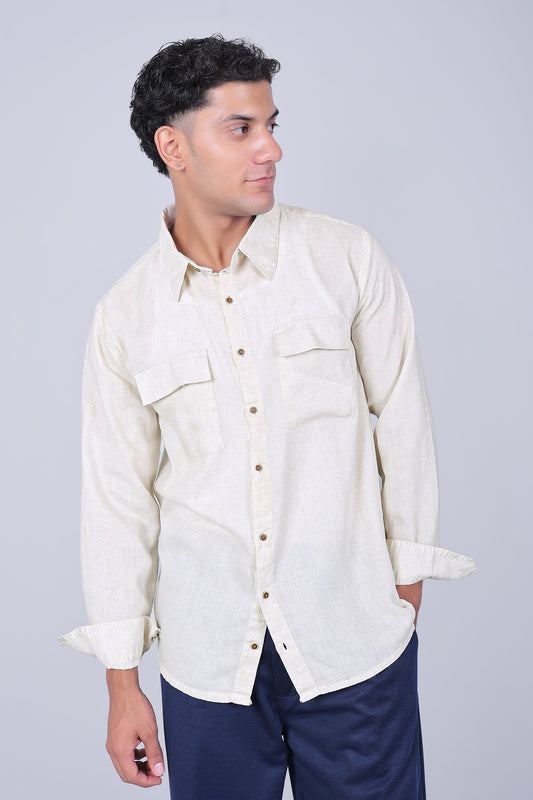 BLUEBIRD Men's Double pocket Beige Linen Shirt