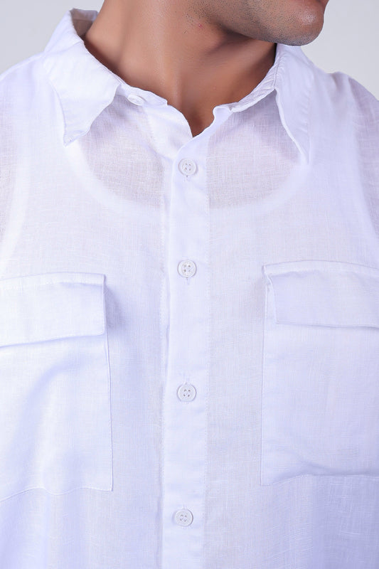 BLUEBIRD Men's Double pocket White Linen Shirt