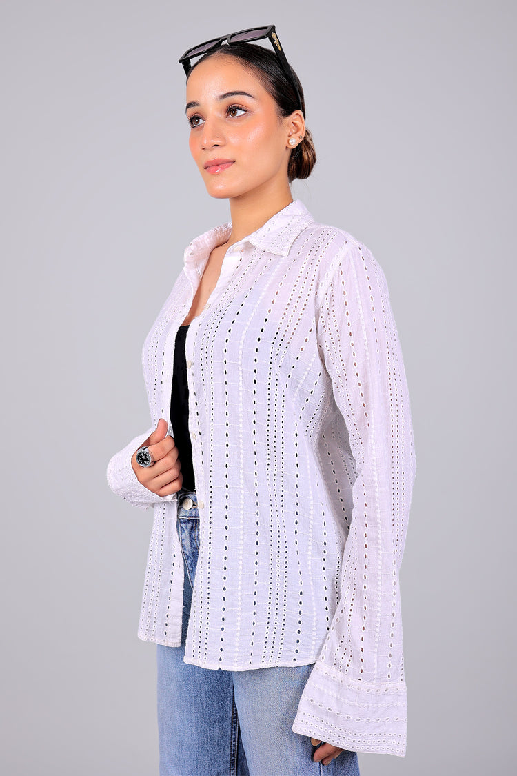 BLUEBIRD Women Cotton Schiffli Shirt - White