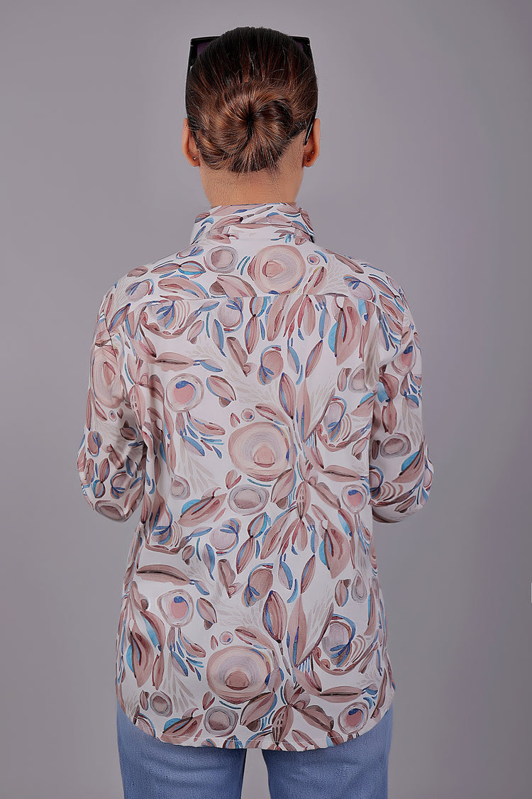 Bluebird Women's White Peach Printed Satin Shirt