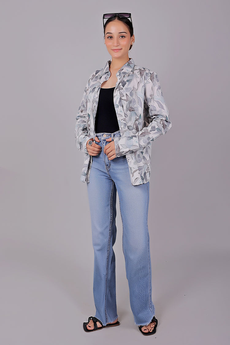 Bluebird Women's White Leaf Printed Satin Shirt