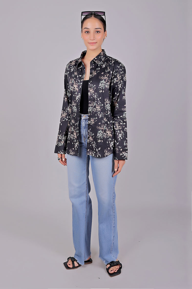 Bluebird Women's Black Floral Print Satin Shirt