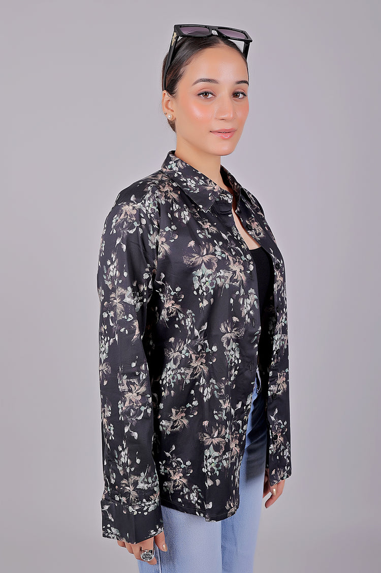 Bluebird Women's Black Floral Print Satin Shirt