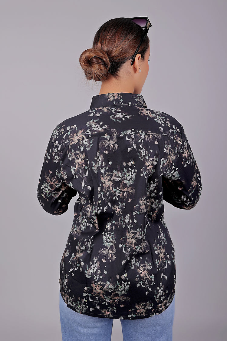 Bluebird Women's Black Floral Print Satin Shirt