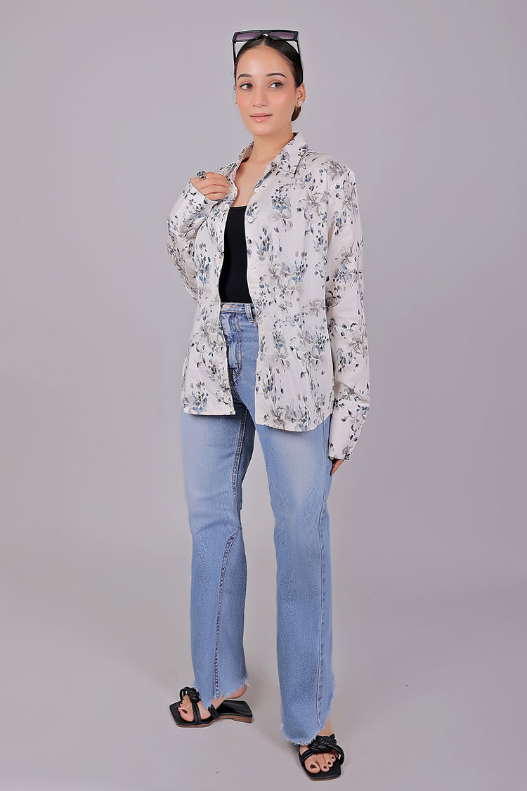 Bluebird Women's White Floral Print Satin Shirt