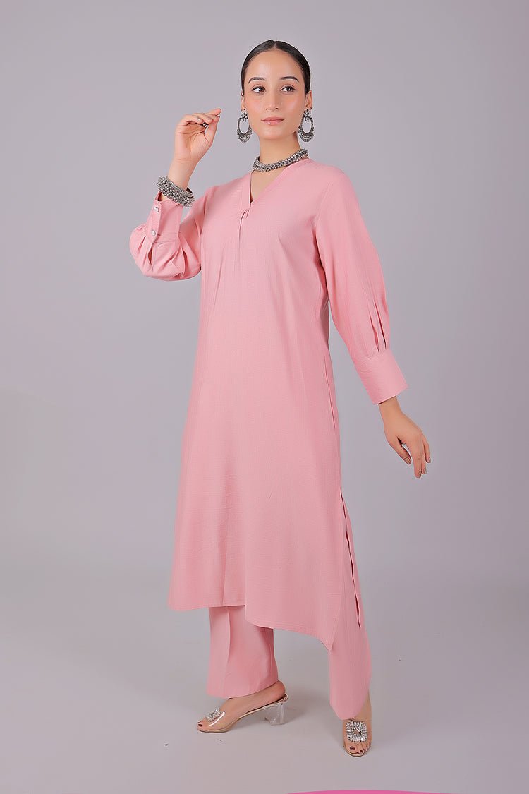 Bluesaanchi Women's Baby Pink Kurti With Trouser Pajama Set