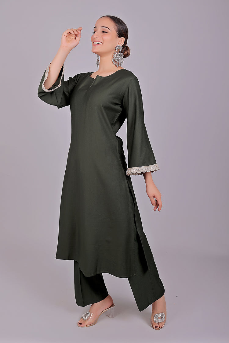 Bluesaanchi Women's Dark Green Kurti Pajama Set