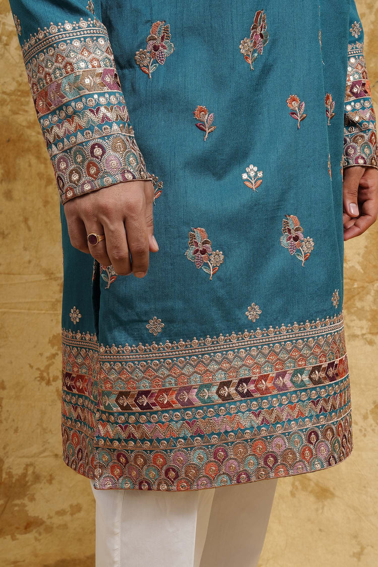 Teal Zari Butti Jaipuri Silk Blend Kurta Set – Wedding Edition