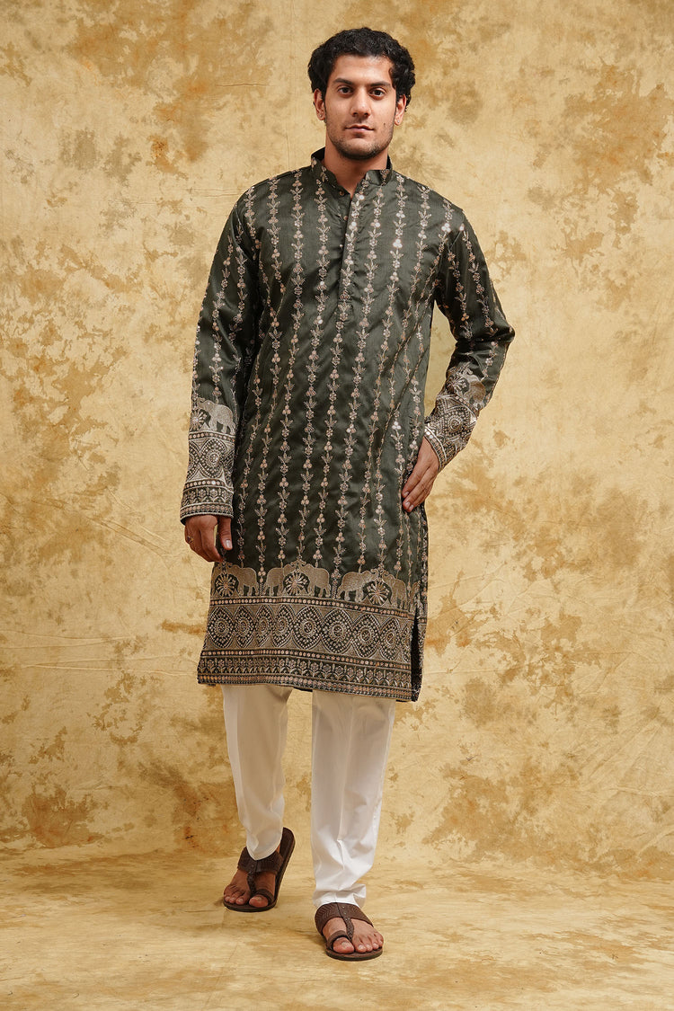Green Elephant Embroidered Kurta Set – Regal Evening Edition