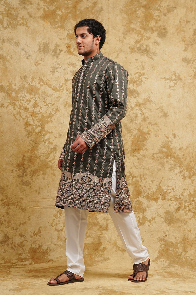 Green Elephant Embroidered Kurta Set – Regal Evening Edition