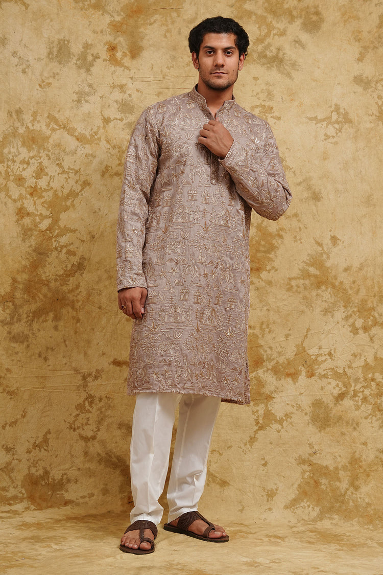 Taupe Gold All-Over Thread-Embroidered Kurta Set