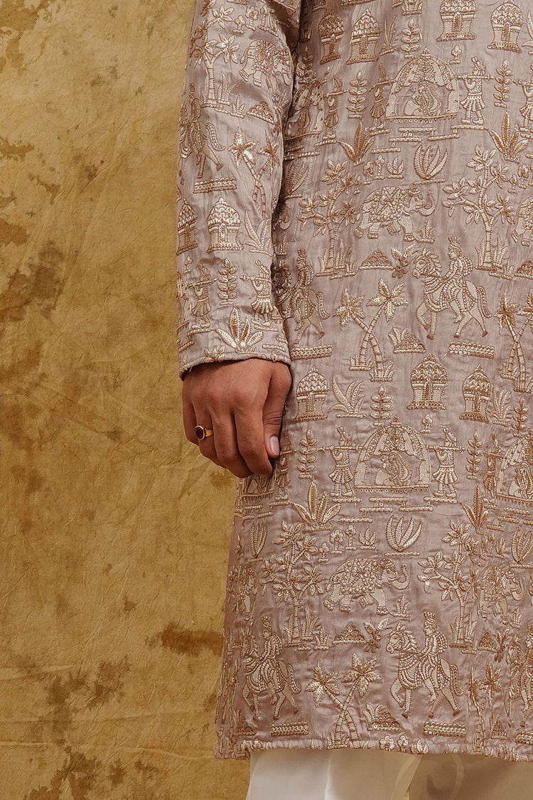Taupe Gold All-Over Thread-Embroidered Kurta Set