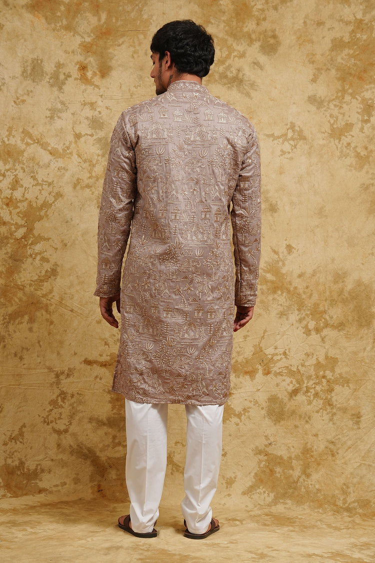 Taupe Gold All-Over Thread-Embroidered Kurta Set