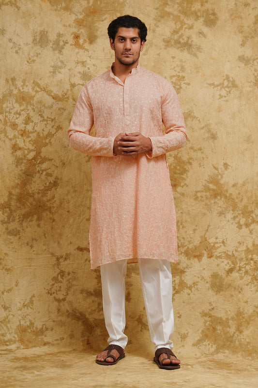 Blush Peach All-Over Floral Sequin-Embroidered Kurta