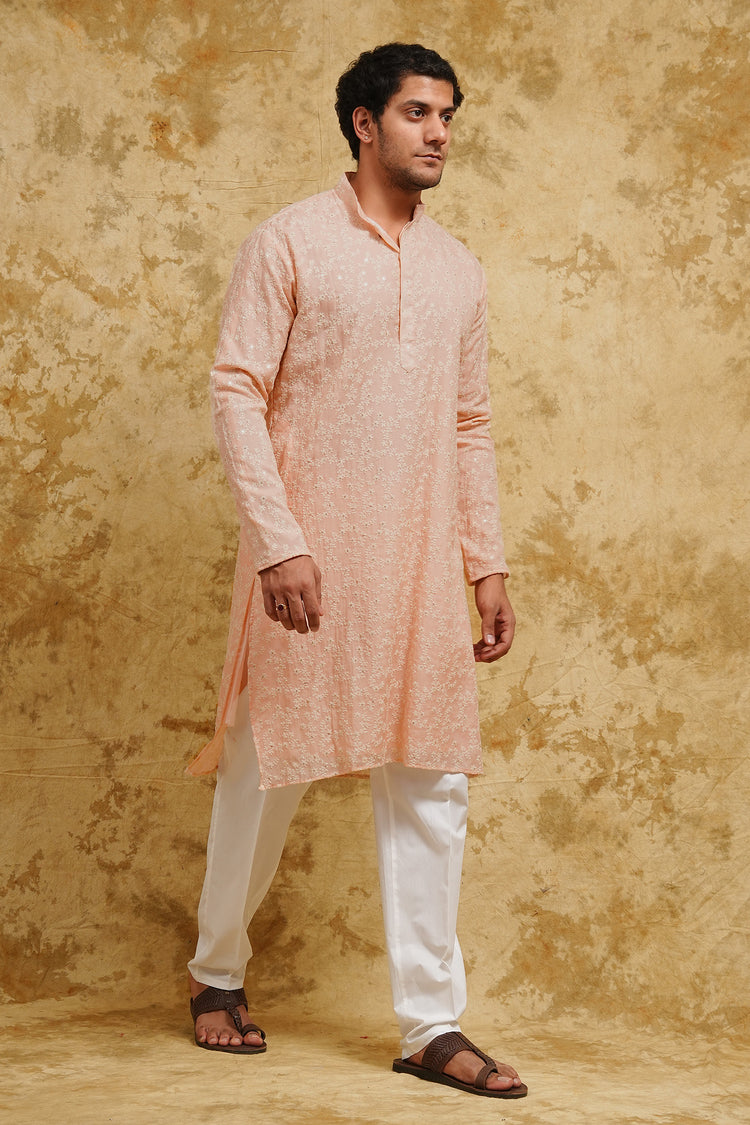 Blush Peach All-Over Floral Sequin-Embroidered Kurta