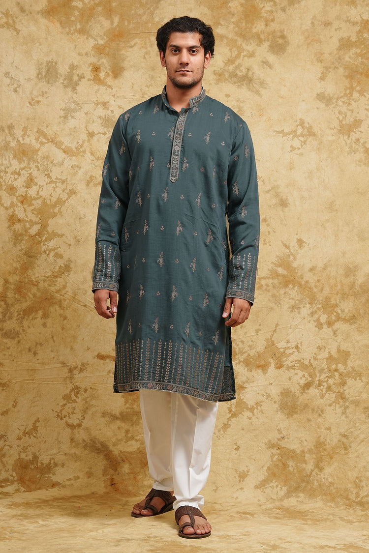 Teal Mist All-Over Thread-Embroidered Kurta