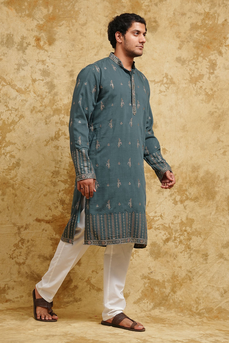 Teal Mist All-Over Thread-Embroidered Kurta