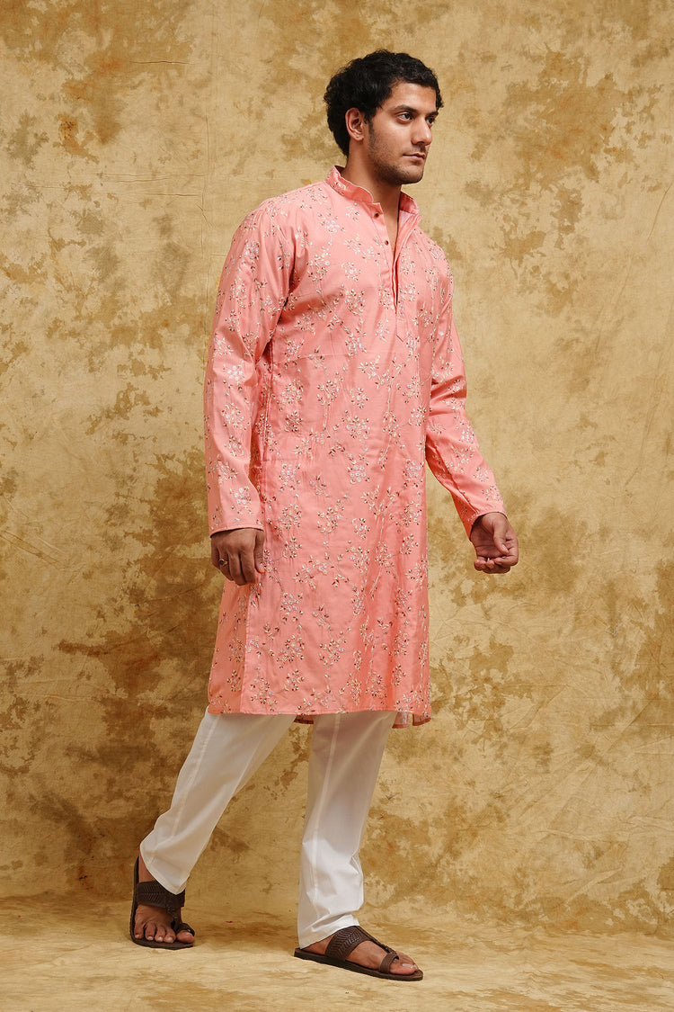 Blush Rose Vine-Embroidered Kurta