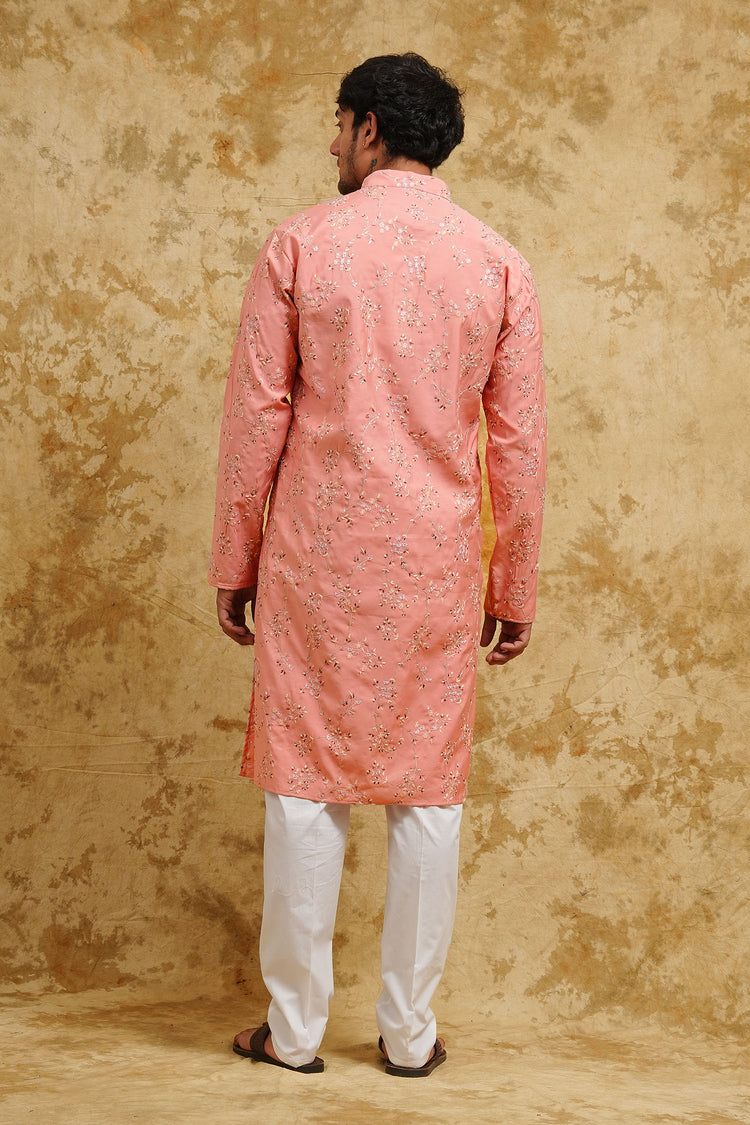 Blush Rose Vine-Embroidered Kurta