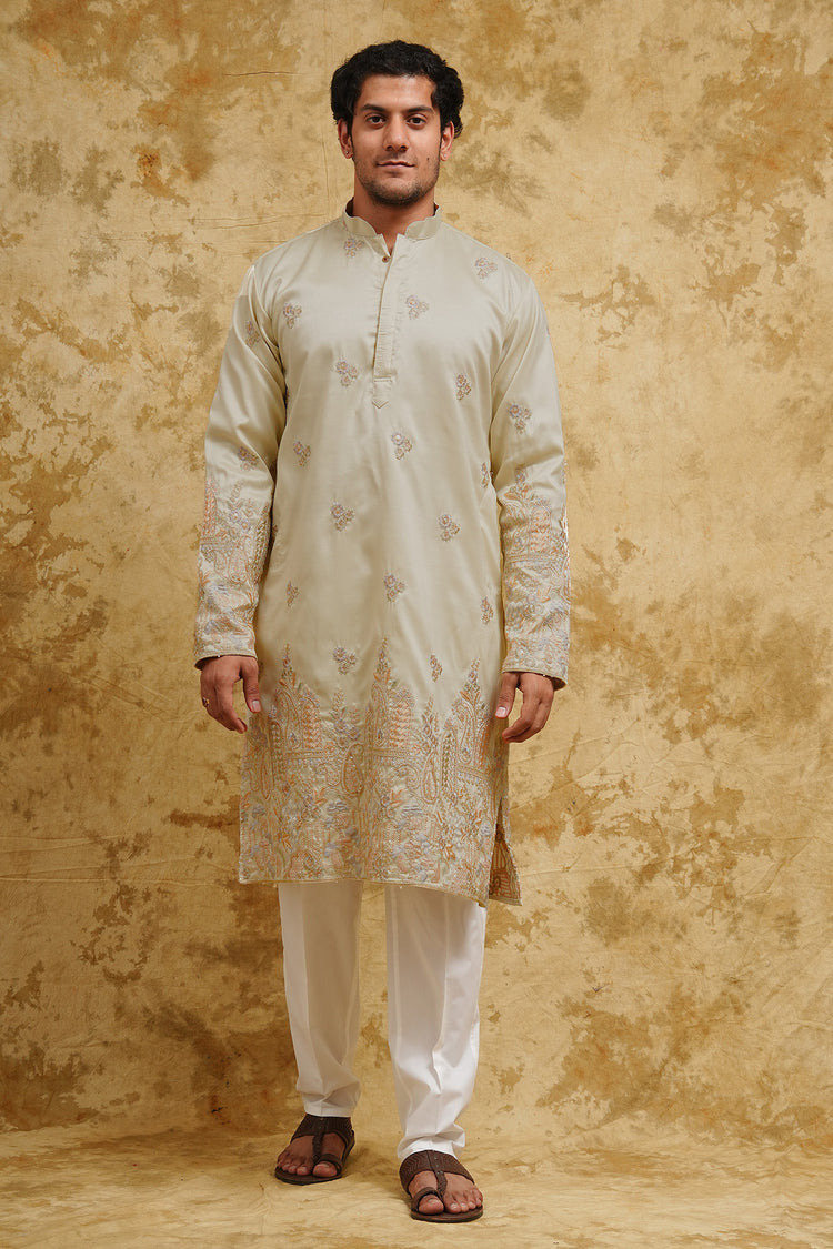 Cream Pastel Resham Embroidered Kurta Set