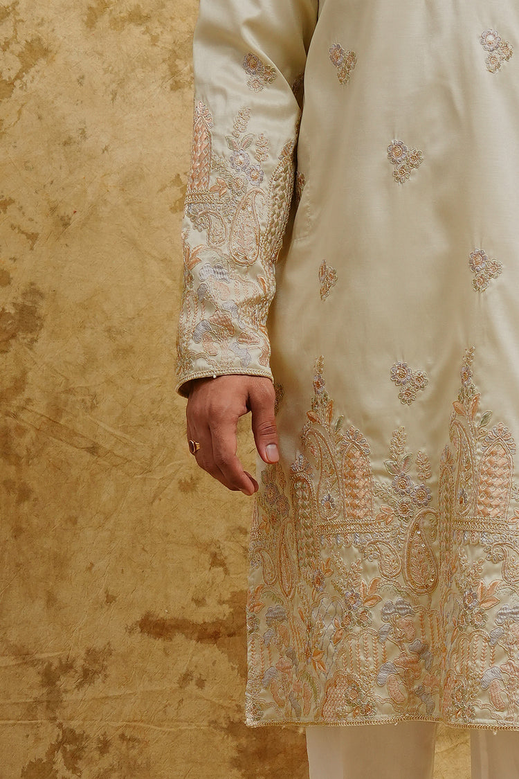 Cream Pastel Resham Embroidered Kurta Set