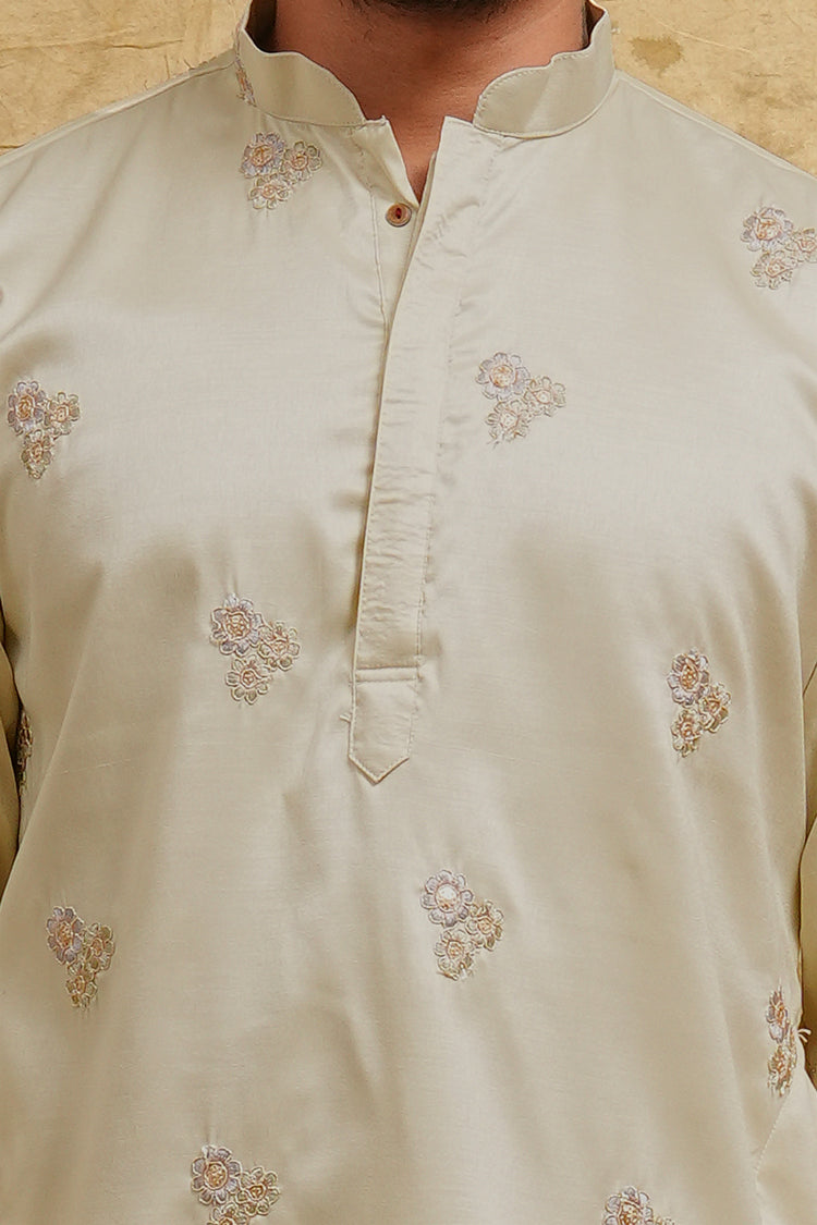 Cream Pastel Resham Embroidered Kurta Set