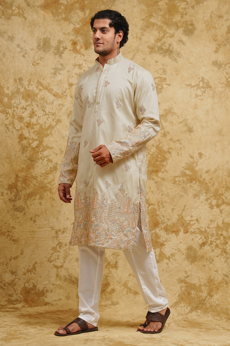 Cream Pastel Resham Embroidered Kurta Set