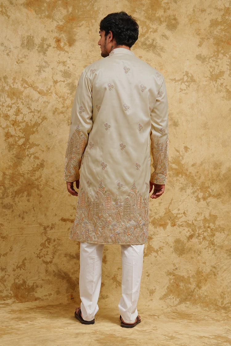 Cream Pastel Resham Embroidered Kurta Set