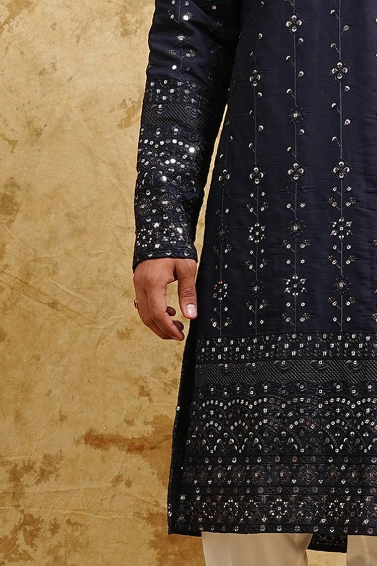 Navy Blue Thread-Embroidered Kurta Set