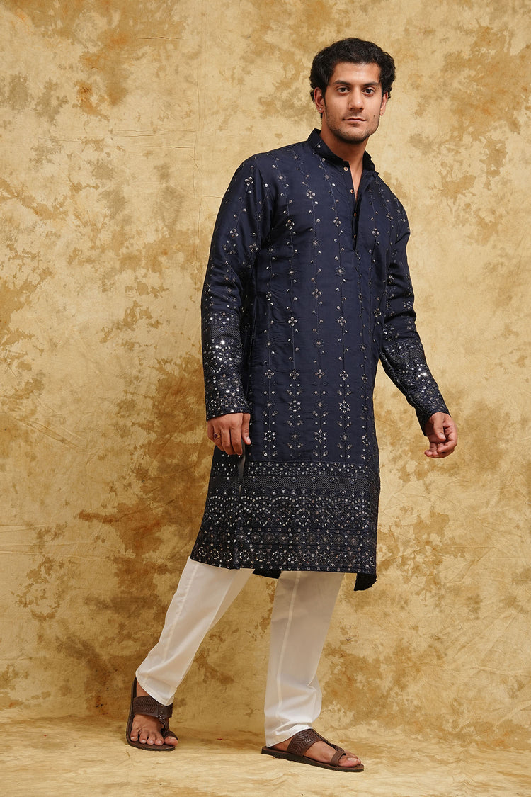Navy Blue Thread-Embroidered Kurta Set