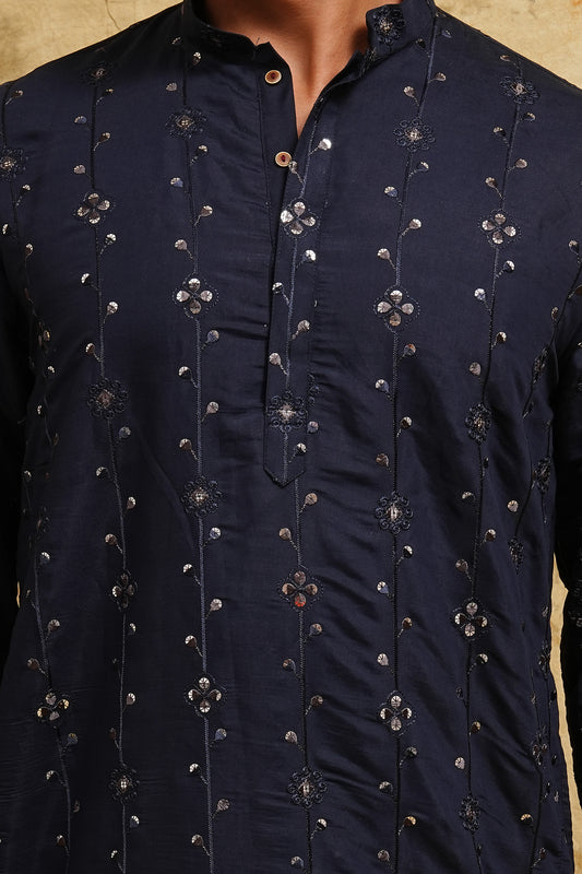 Navy Blue Thread-Embroidered Kurta Set