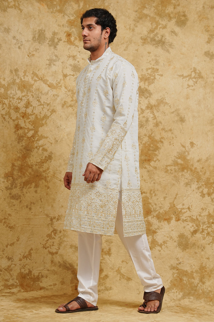 White Thread-Embroidered Kurta Set