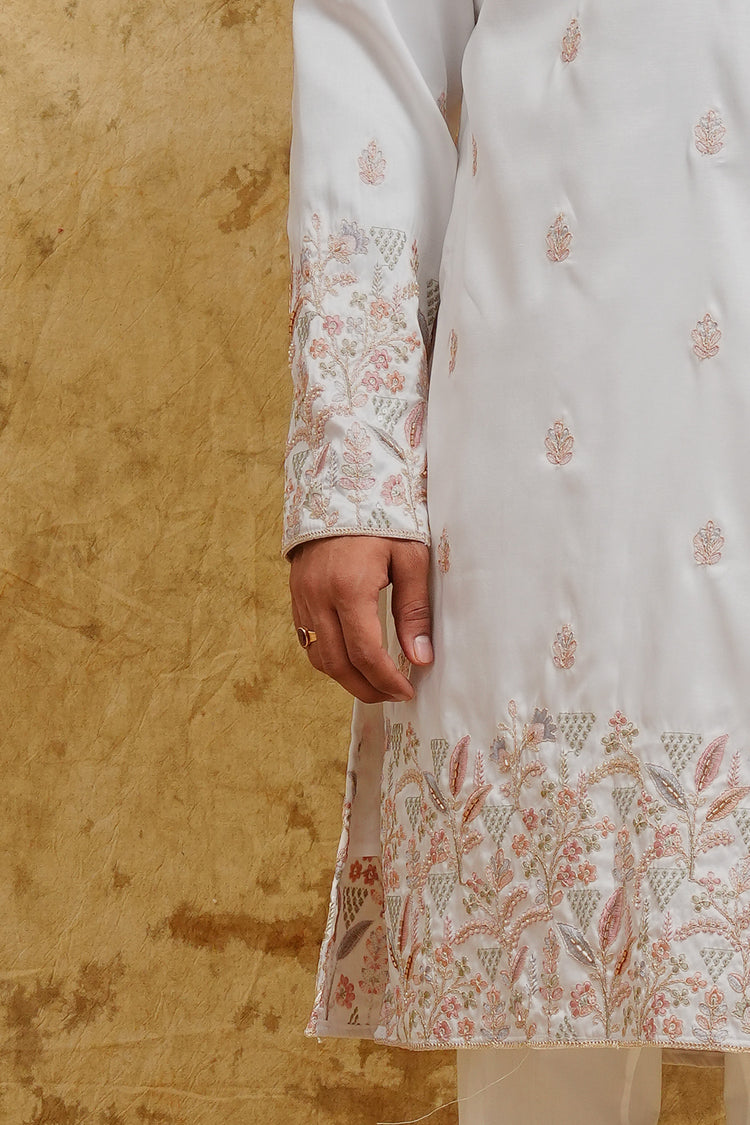 Ivory Pastel Floral Thread-Embroidered Kurta