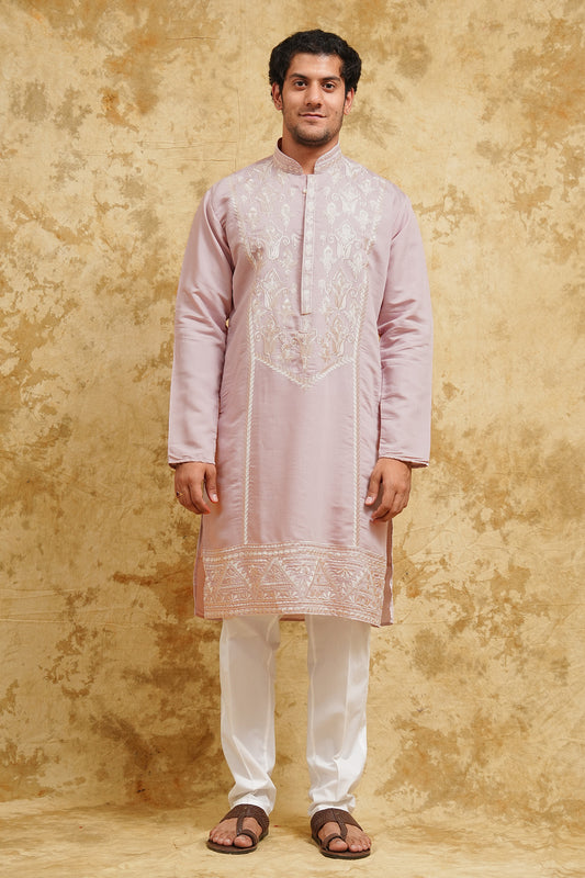 Blush Pink Ornate Thread-Embroidered Kurta