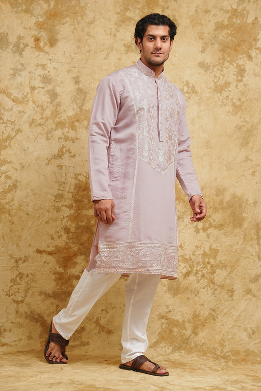 Pink Thread-Embroidered Kurta Set for men