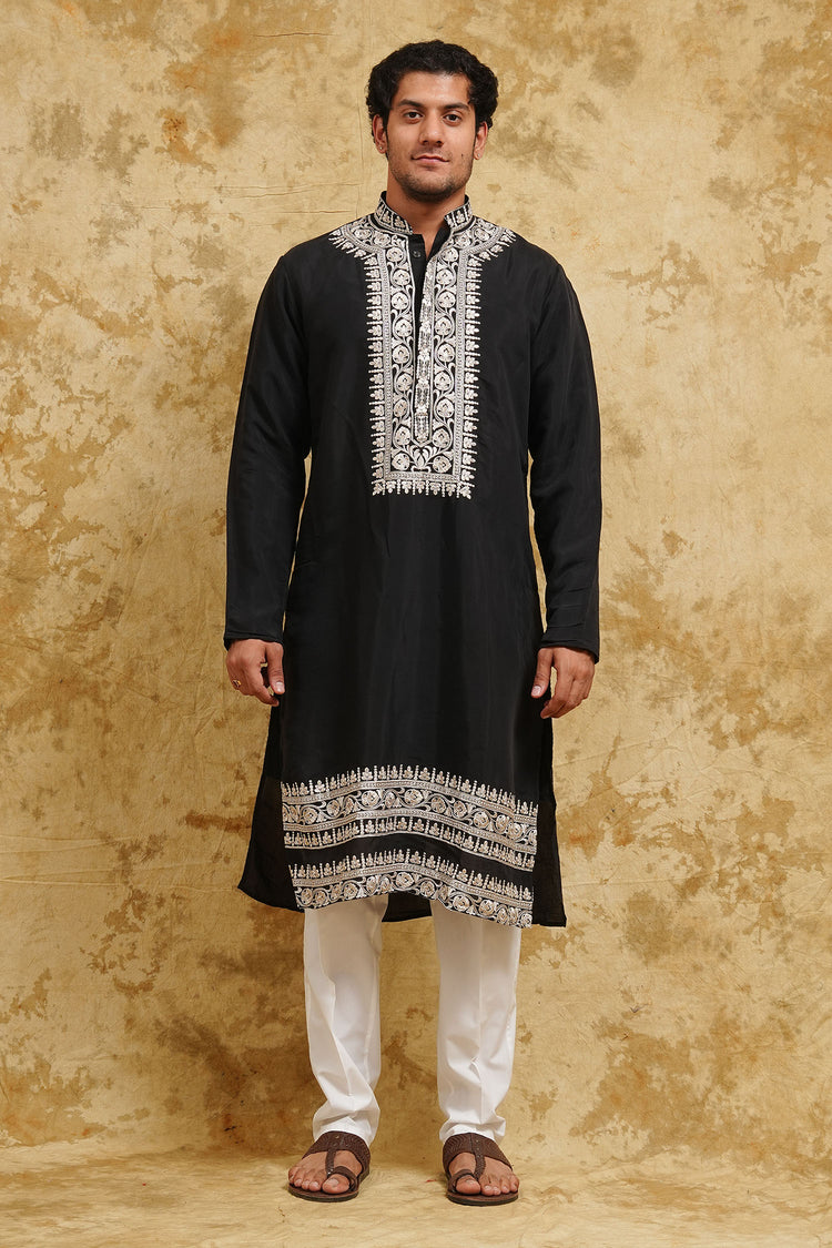Black Kashmiri-Style Thread-Embroidered Kurta