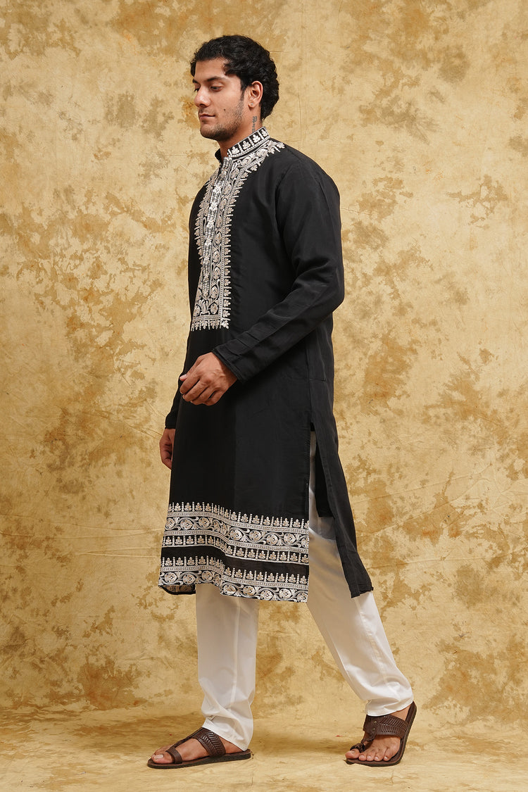 Black Kashmiri-Style Thread-Embroidered Kurta