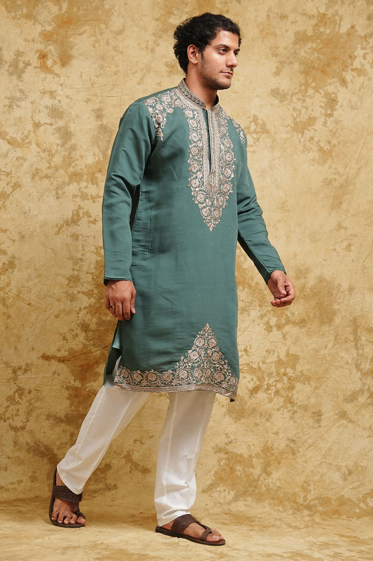 Green Mughal Motif Embroidered Kurta Set for Men