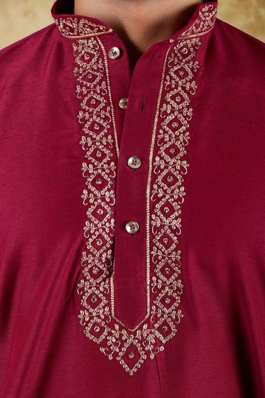 Bluesaanchi Royal Elegance Crimson Handloom Embroidery Kurta Set