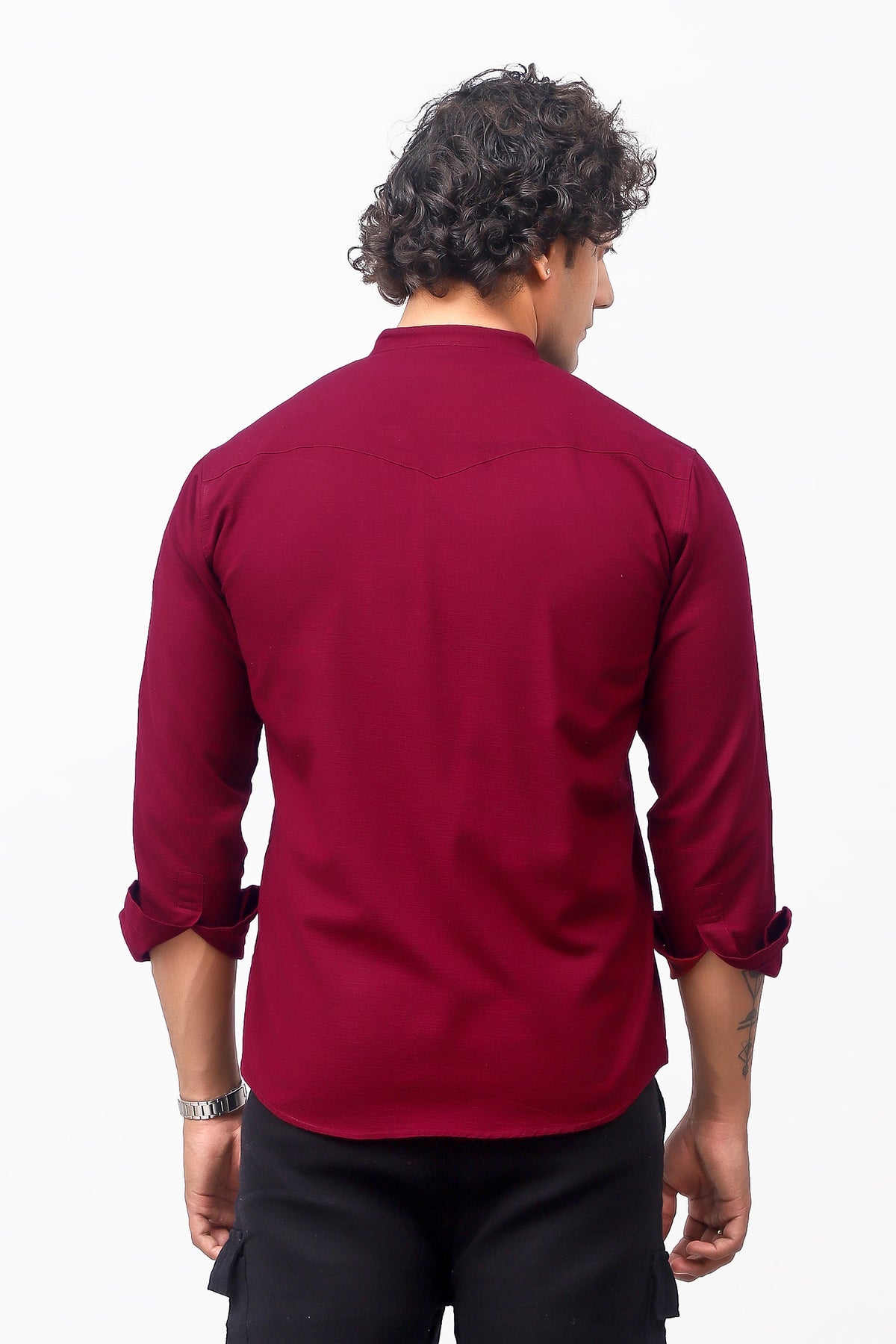 Bluebird Men's 100% Cotton Mandarin Shirt Red Color