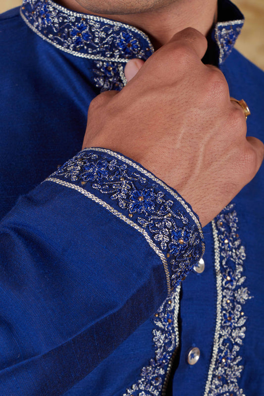 Bluesaanchi Sunshine: Handwoven Embroidered Kurta Set Dark Blue