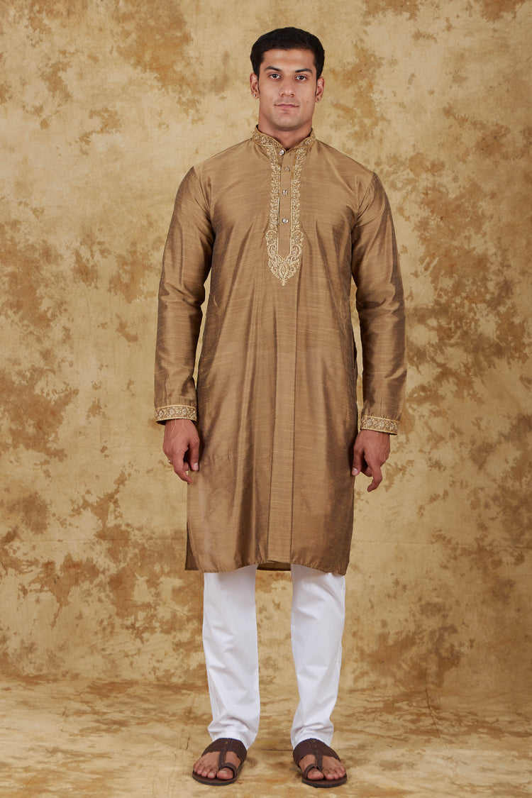 Bluesaanchi Sunshine: Handwoven Embroidered Kurta Set Raw umber