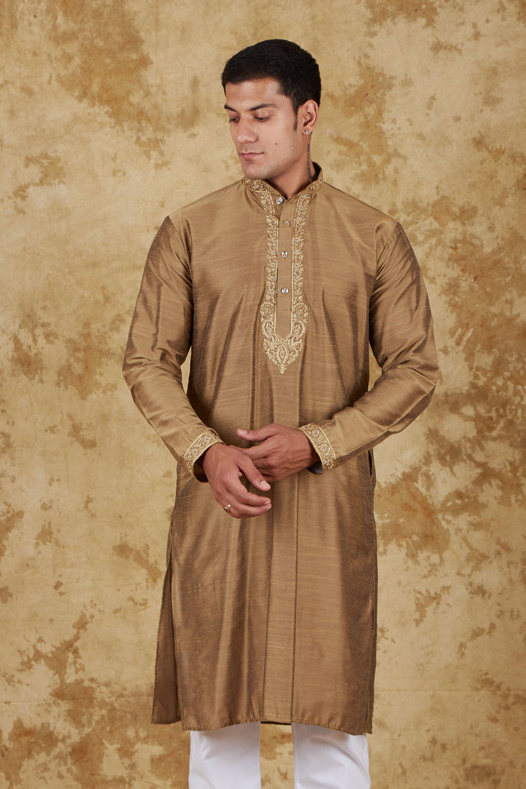 Bluesaanchi Sunshine: Handwoven Embroidered Kurta Set Raw umber